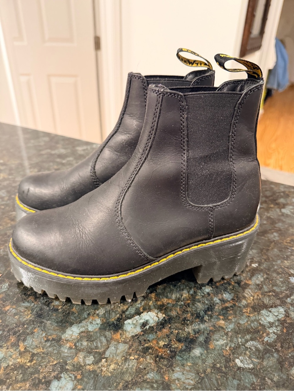Dr. Martens Black Leather Chelsea Lug Boots with Yellow Stitching